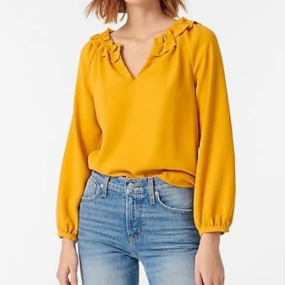 J. Crew  Large 365 crepe ruffle neck blouse in mustard - Picture 2 of 4
